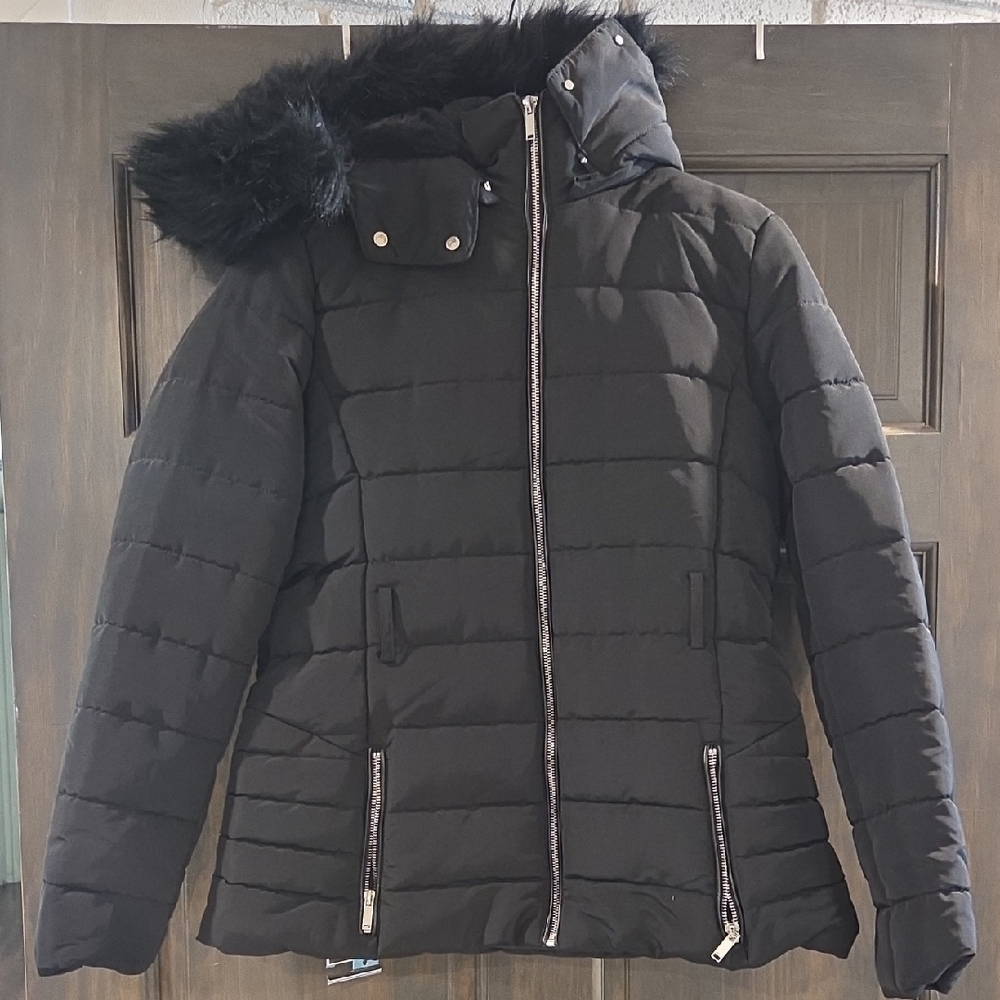 New York & Company Black Puffer Jacket with Faux Fur Trim